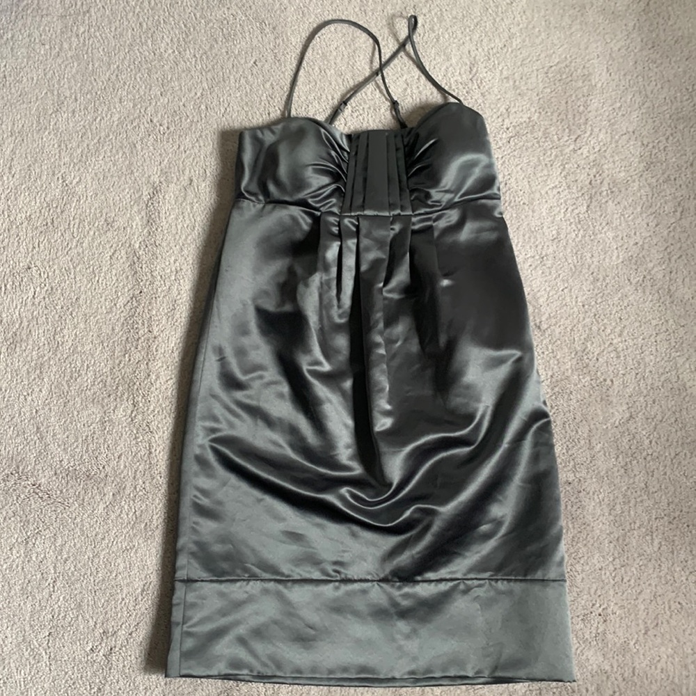 Max and Cleo by BCBG Mini Dress Silver Satin with Criss Cross Straps